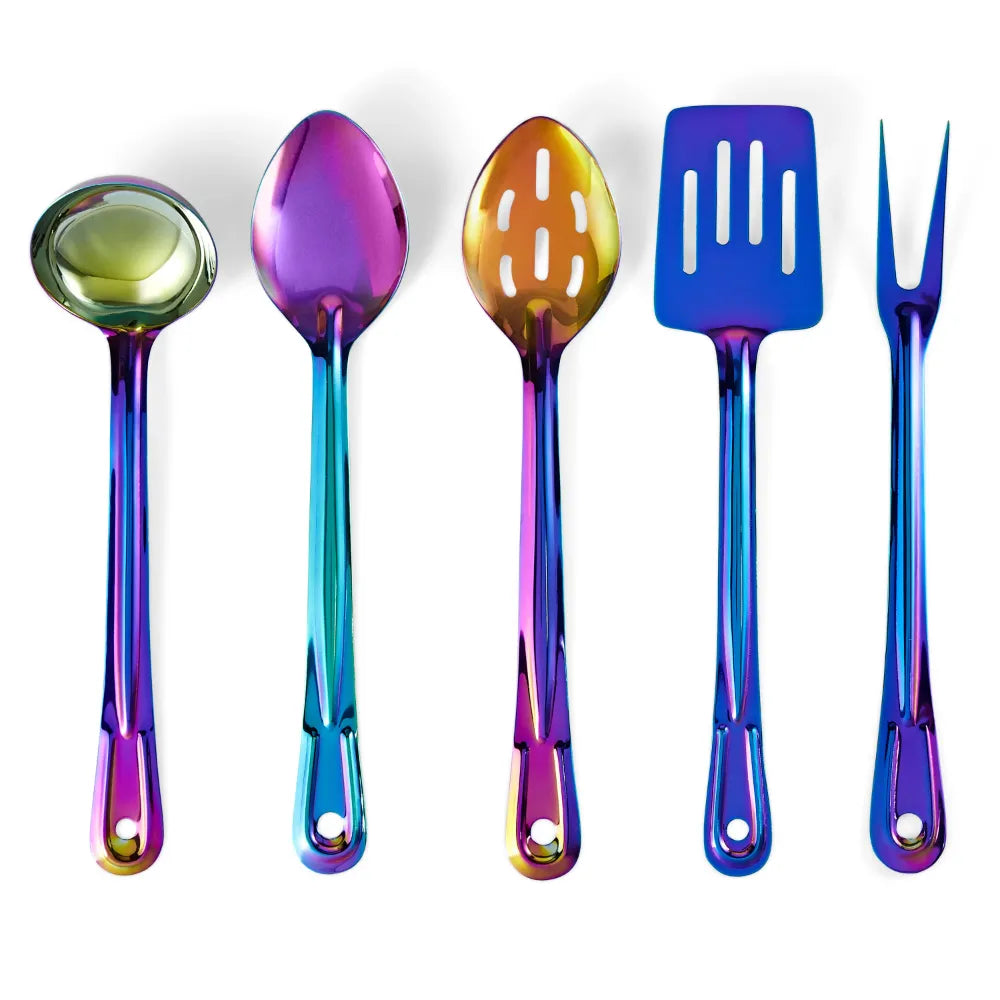 Juego de utensilios de cocina de acero inoxidable iridiscente de 20 piezas con utensilios y herramientas de cocina, sartenes y ollas, no tóxico, sin BP, apto para horno