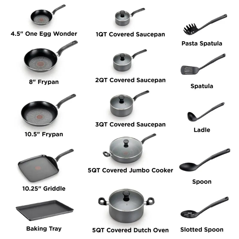 T-fal 20 Piece Set, Easy Care Nonstick Cookware, Dishwasher Safe Cookware Sets Pots and Pans  Nonstick Kitchen Cookware Set