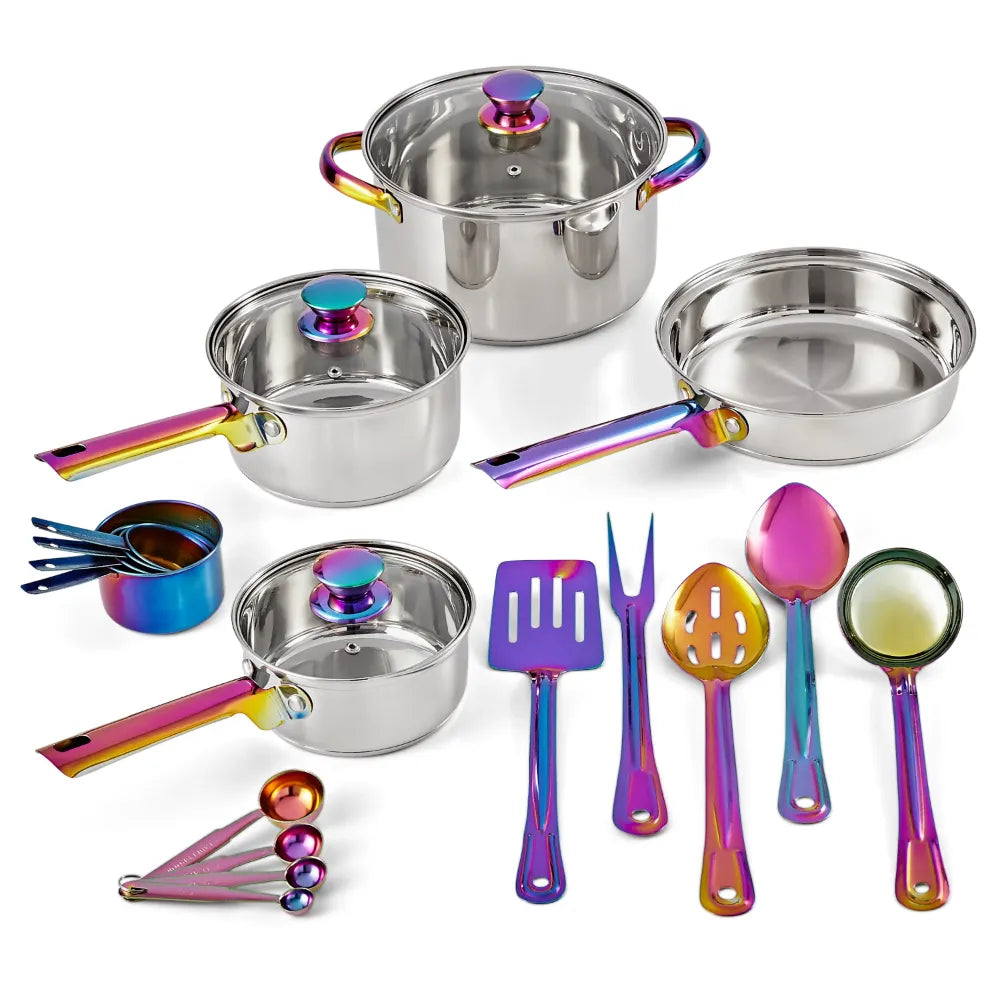 20-Pieces Rainbow-hued Iridescent Stainless Steel Cookware Set with Kitchen Utensils and Tools, Pans & pots, Non Toxic, BP Free, Oven Safe