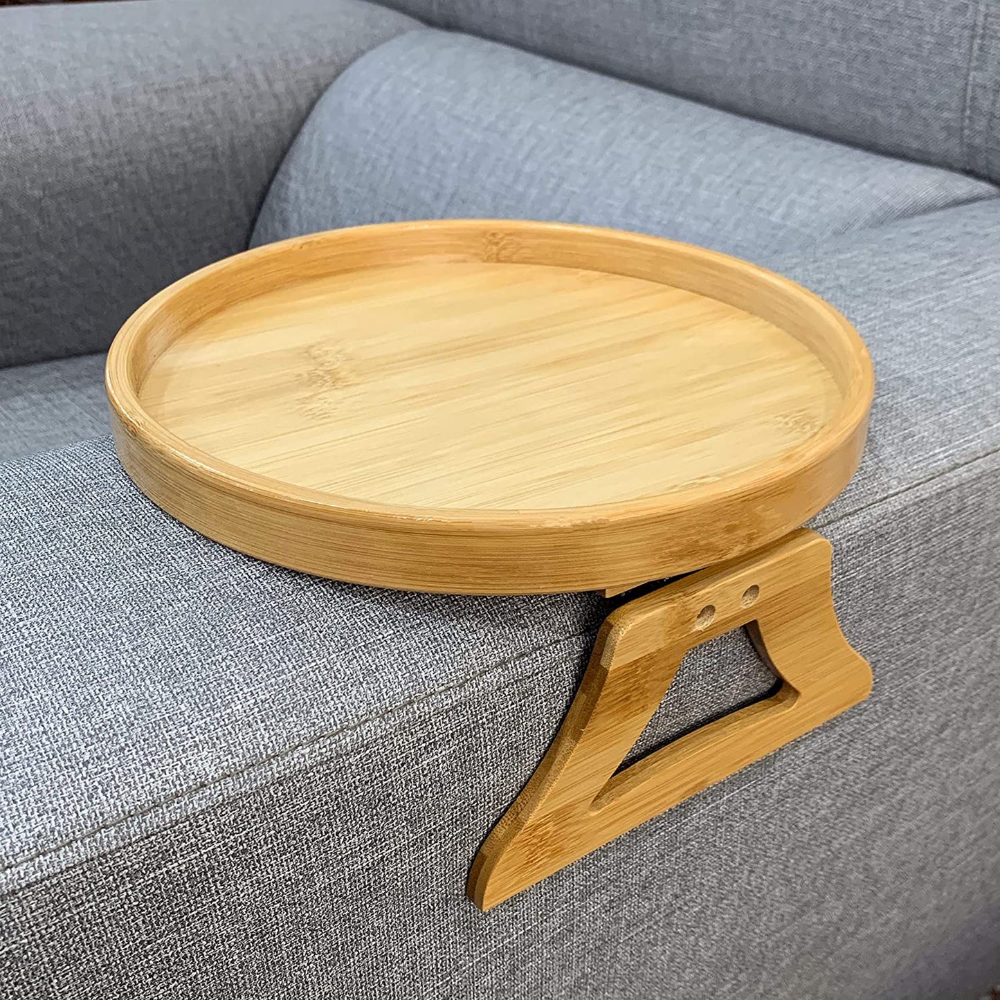 Clip On Tray Sofa Arm Table for Wide Couches. Couch Arm Tray Table, Portable TV Table and Side Tables for Small Spaces. Stable Sofa Arm Table for Eating and Drink Table (Wood grain Bamboo)